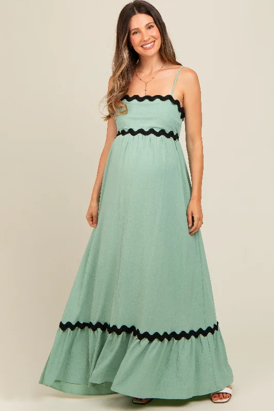 Sage Sleeveless ZigZag Accent Maternity Maxi Dress Chic Sleeveless Maxi Dress