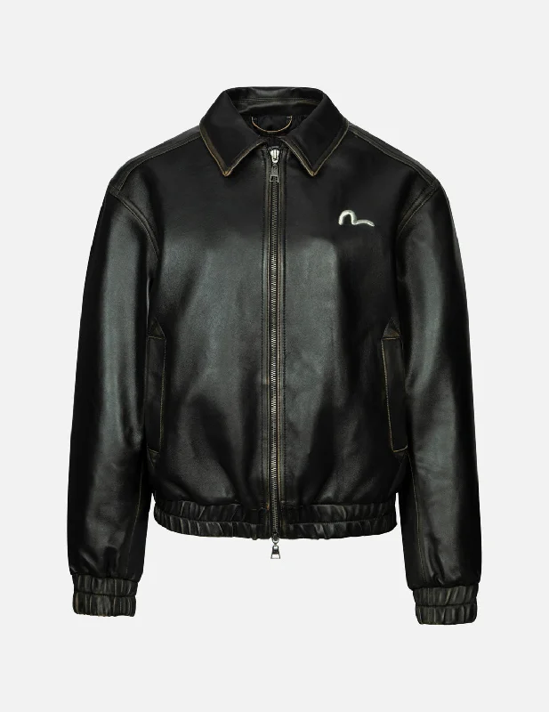 Seagull Embroidery and Logo Appliqué Fashion Fit Leather Jacket Snapped Jacket Toggled Jacket Drawstring Jacket