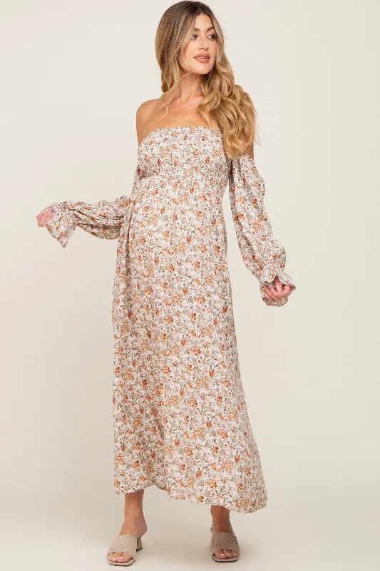 Taupe Floral Off Shoulder Long Sleeve Maternity Maxi Dress Comfortable Maxi Dress with Slits