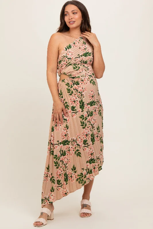 Taupe Floral One Shoulder Pleated Asymmetrical Maternity Maxi Dress Comfortable Ruffle Maxi Dress