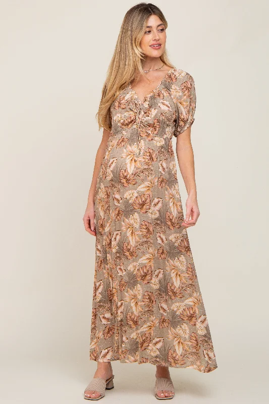 Taupe Leaf Print Cinched Accent Maternity Maxi Dress Classic Strapless Maxi Dress