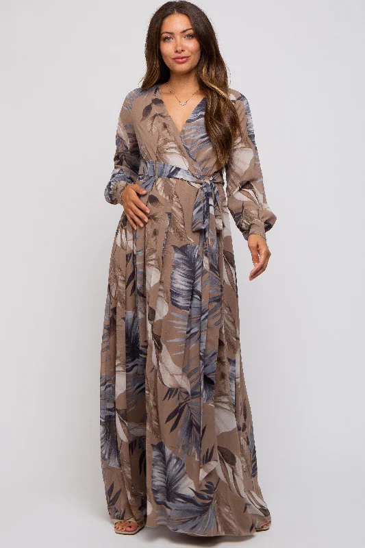 Taupe Palm Print Chiffon Wrap Front V-Neck Long Sleeve Maternity Maxi Dress Cozy Cold-Shoulder Maxi Dress