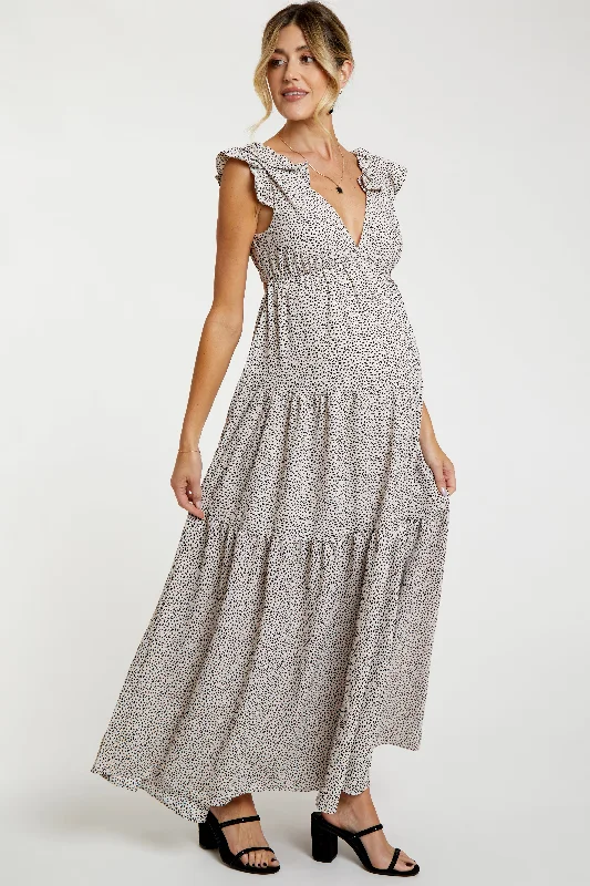 Taupe Printed Tiered Cutout Back Maternity Maxi Dress Elegant Pleated Maxi Dress