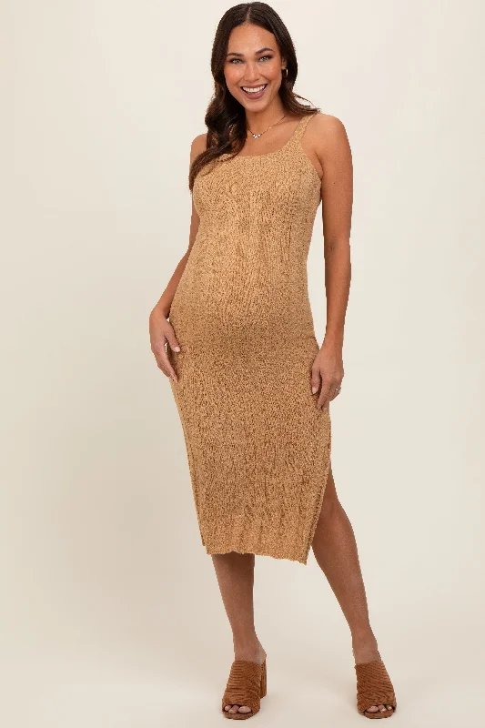 Taupe Rib Knit Side Slit Maternity Maxi Dress Fashionable Faux Wrap Maxi Dress