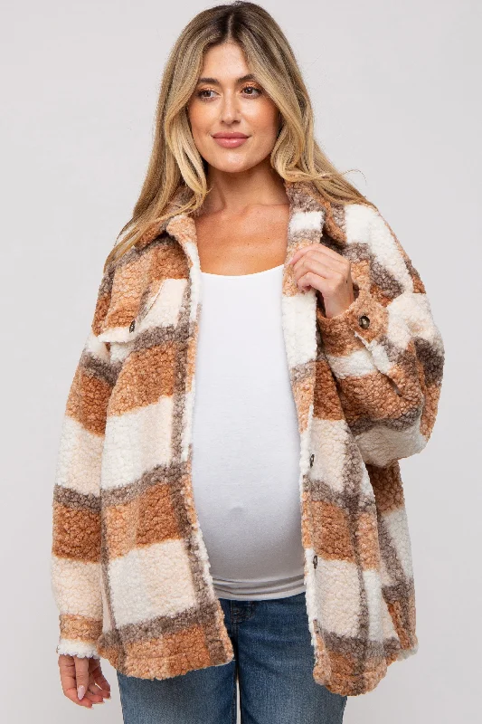 Taupe Textured Plaid Maternity Jacket Ribbed Jacket Pleated Jacket Ruffled Jacket