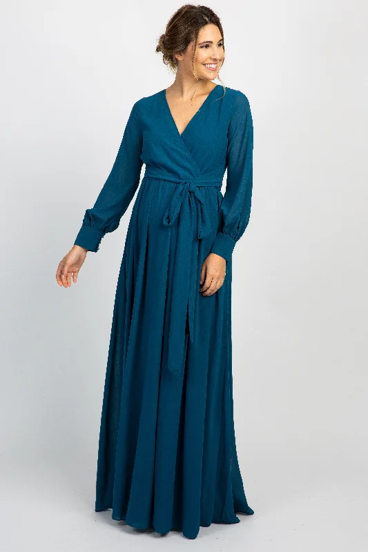 Teal Chiffon Long Sleeve Pleated Maternity Maxi Dress Trendy Printed Maxi Dress