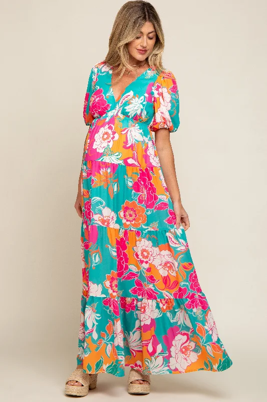 Teal Floral Puff Sleeve Tiered Maternity Maxi Dress Chic Summer Floral Maxi Dress