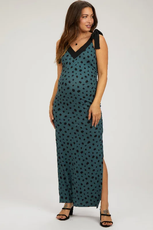 Teal Ribbed Polka Dot Shoulder Tie Maternity Maxi Dress Comfortable Ruffle Hem Maxi Dress