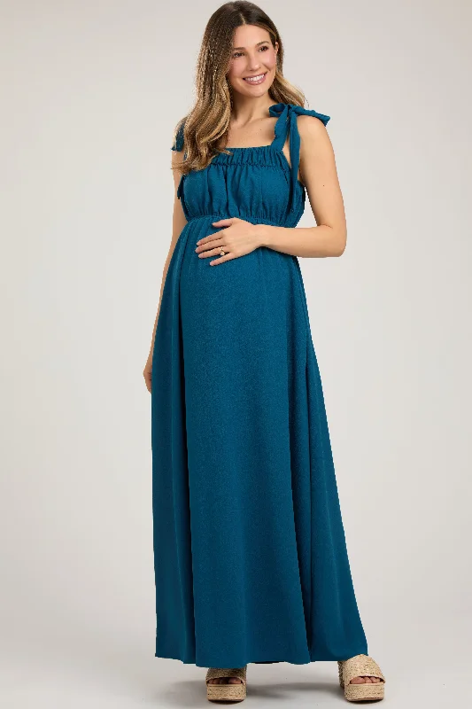 Teal Square Neck Shoulder Tie Maternity Maxi Dress Comfortable Ruffle Maxi Dress