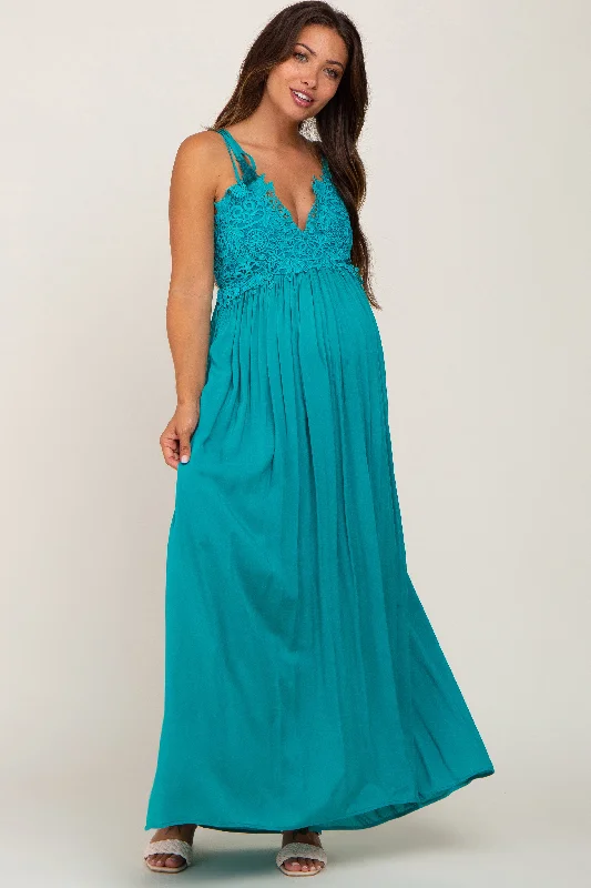 Turquoise Crochet Lace Maternity Maxi Dress Comfortable Fitted Maxi Dress