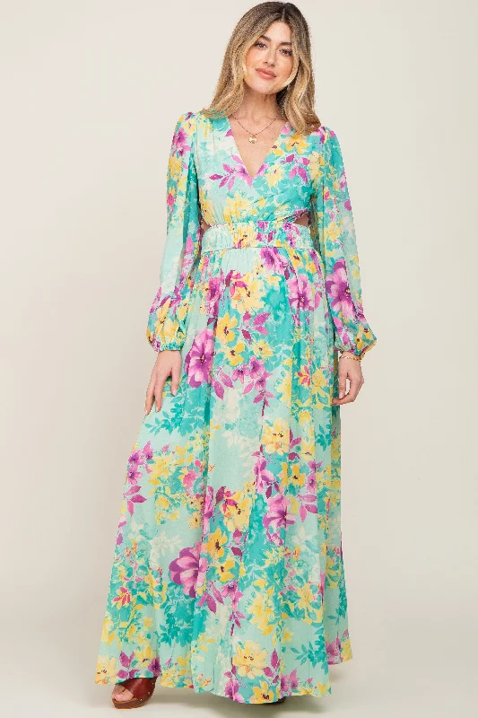 Turquoise Floral Side Cutout Maternity Maxi Dress Classic V-Neck Maxi Dress