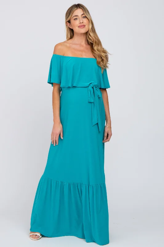 Turquoise Off Shoulder Maternity Maxi Dress Chic Summer Maxi Dress