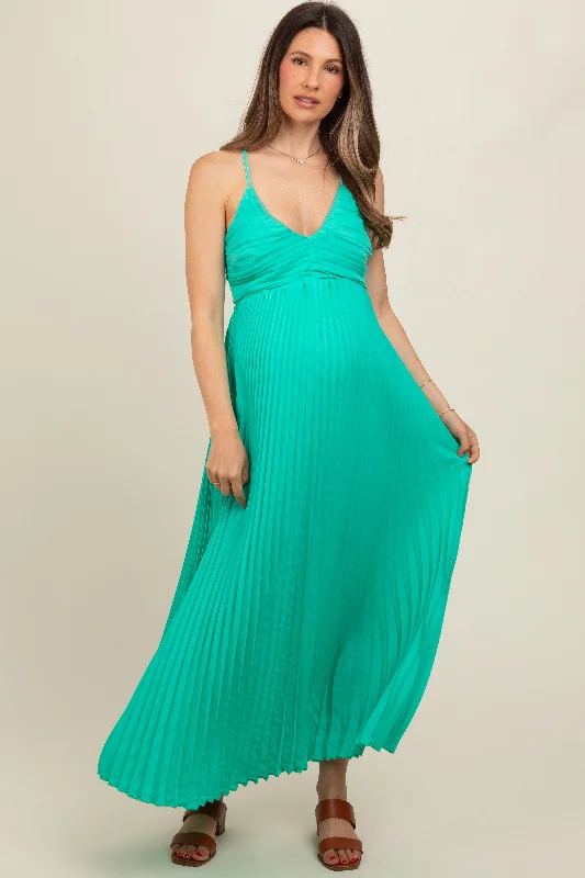 Turquoise Pleated Back Cutout Tie Maternity Maxi Dress Elegant Maxi Dress with Belt