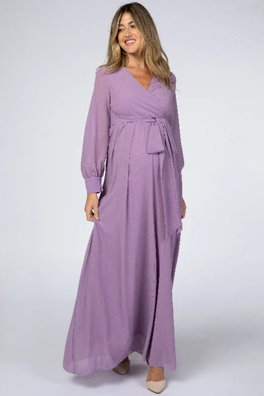 Violet Chiffon Long Sleeve Pleated Maternity Maxi Dress Elegant Wraparound Maxi Dress