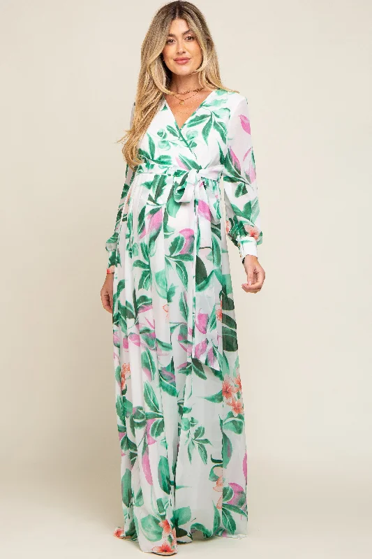 White Floral Chiffon Maternity Maxi Dress Comfortable Bohemian Maxi Dress