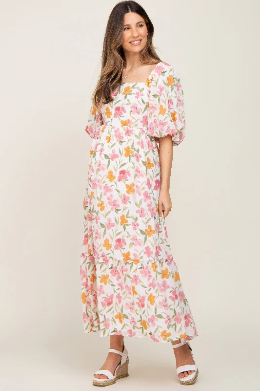 White Floral Puff Sleeve Maternity Maxi Dress Fashionable Open-Back Maxi Dress