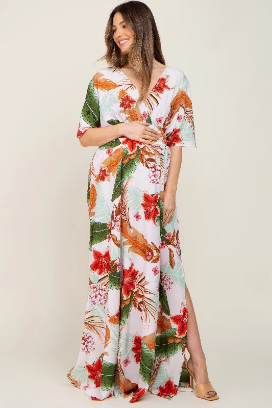 White Floral Smocked Waist Maternity Maxi Dress Comfortable Flowy Maxi Dress