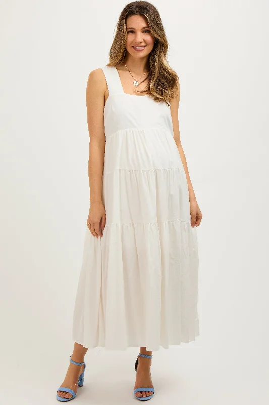 White Tiered Maternity Maxi Dress Cozy Spaghetti Strap Maxi Dress