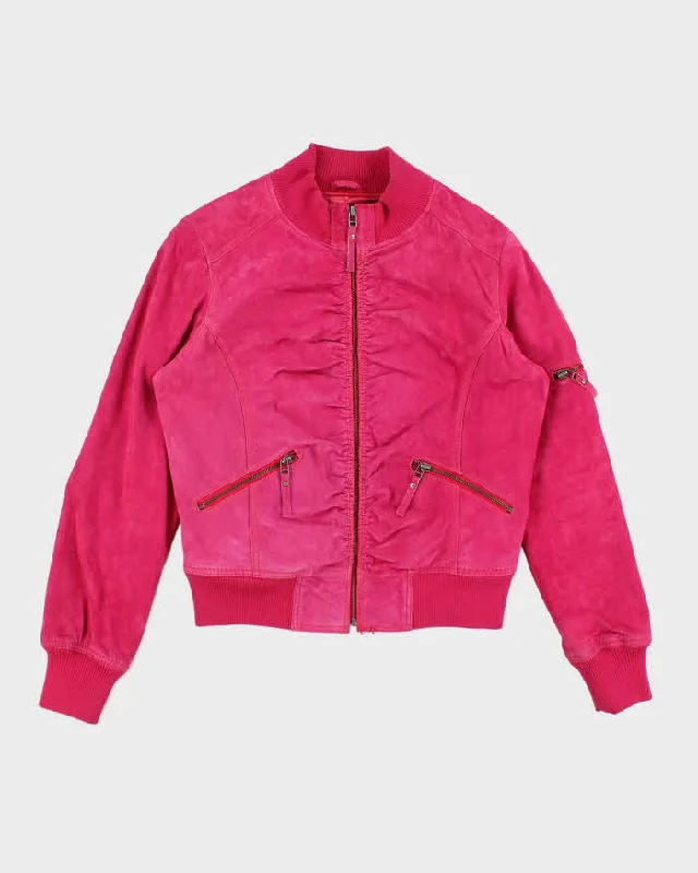 Y2k 00s Le Chateau Pink Leather Jacket - L Faux Fur Fabric Real Fur Fabric Shearling Fabric