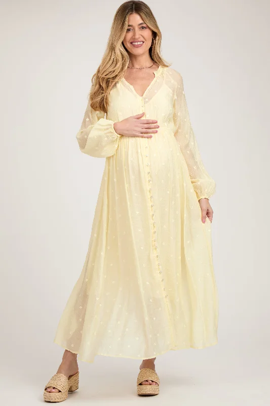 Yellow Embroidered Maternity Button Down Maxi Dress Stylish Long Sleeve Maxi Dress