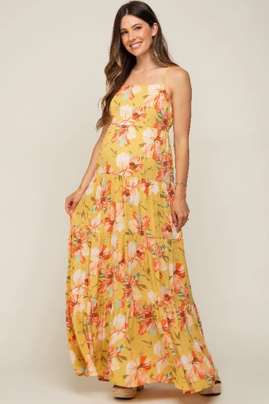 Yellow Floral Sleeveless Tiered Maternity Maxi Dress Elegant Maxi Dress with Ruffles