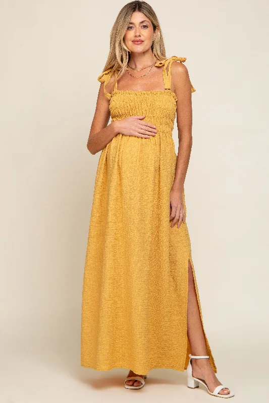 Yellow Textured Smocked Shoulder Tie Maternity Maxi Dress Chic Off-Shoulder Maxi Dress