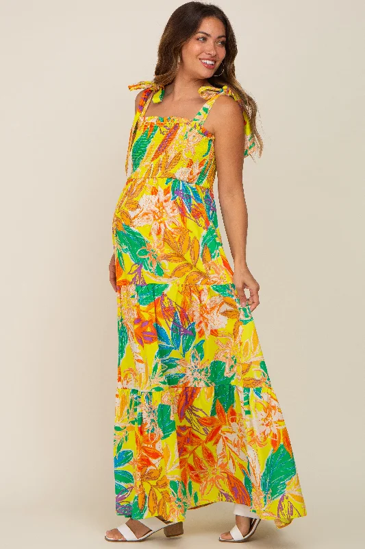 Yellow Tropical Print Smocked Tie Sleeve Maternity Maxi Dress Comfortable Maxi Dress with Belt