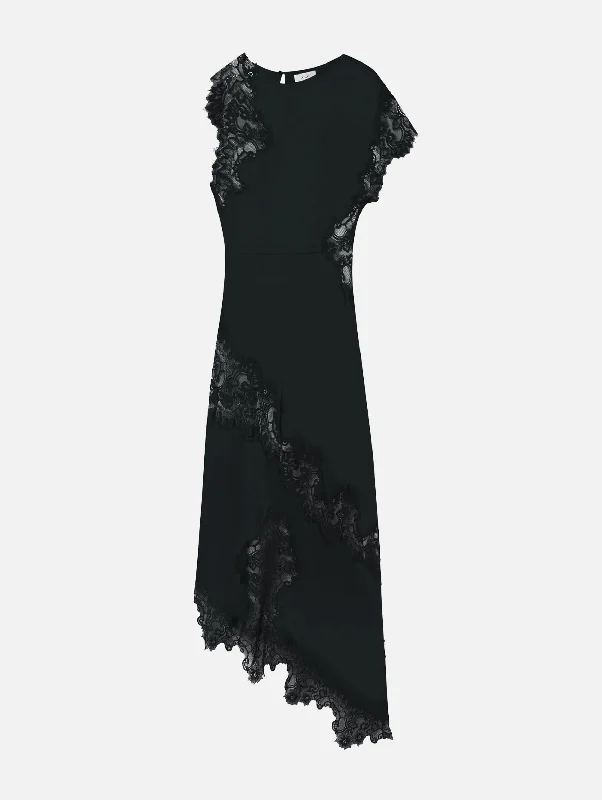 Alessia Satin and Lace Maxi Dress in Black Stylish Maxi Dress with Pleats