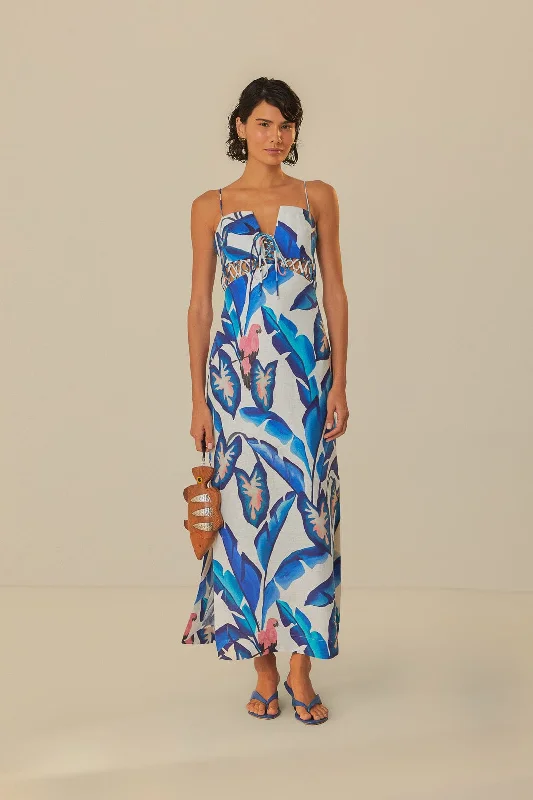 Off-White Blue Foliage Maxi Dress Fashionable High-Waist Maxi Dress