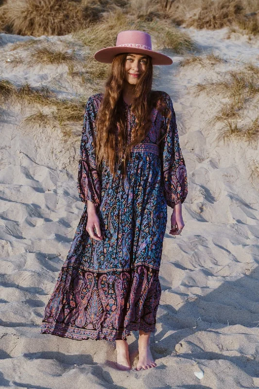 Florence Maxi Dress in Midnight Sapphire Paisley Floral Cozy Maxi Dress with Slit