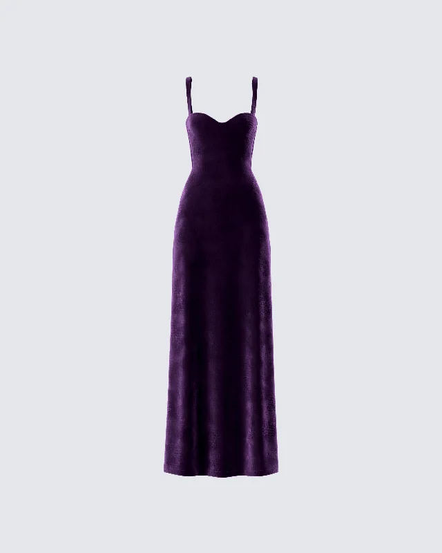 Stephanie Purple Velvet Maxi Dress Comfortable Maxi Dress with Slits