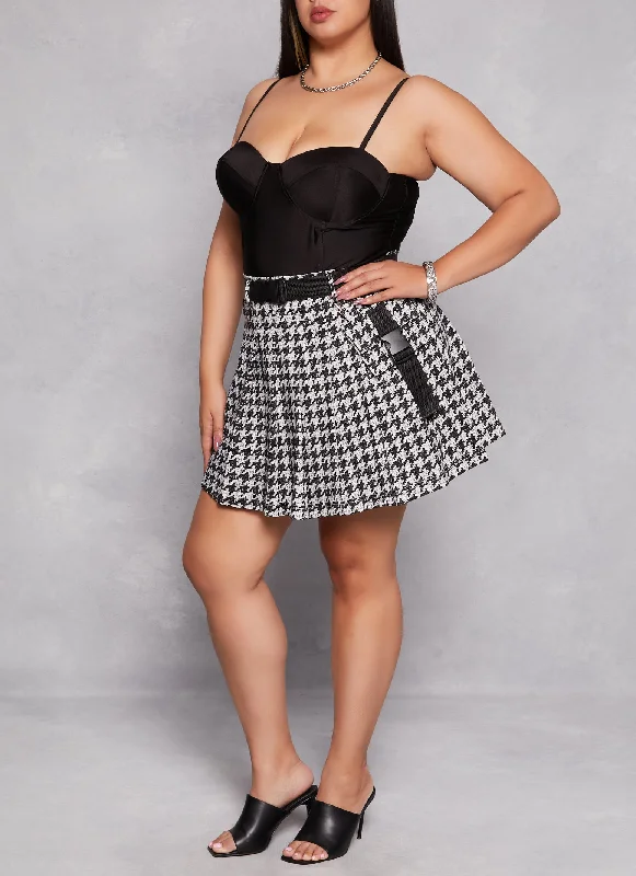 Plus Size Houndstooth Belted Pleated Skirt velvet skirt glossy