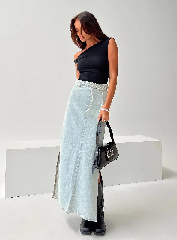 Brandee Tie Front Denim Maxi Skirt Light Wash chiffon skirt airy