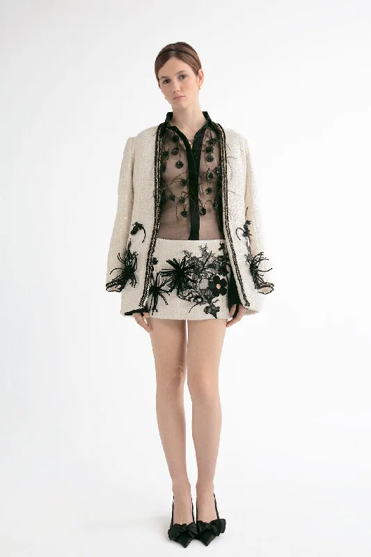 Feathered blouse with skirt and jacket silk skirt sleek