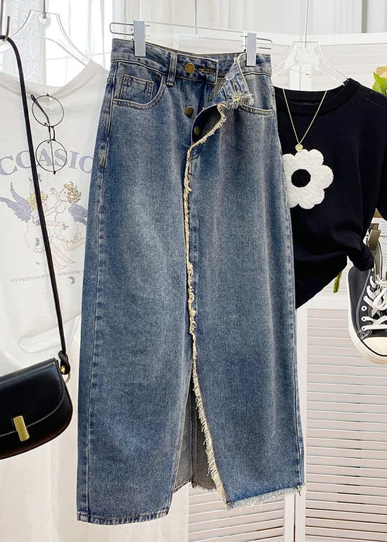 Loose Blue Side Open High Waist Denim Skirt Summer velvet skirt luxurious