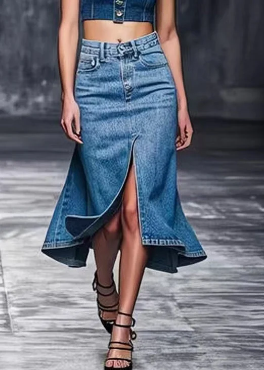 Modern Blue Front Open High Waist Denim Skirts Summer cashmere skirt soft