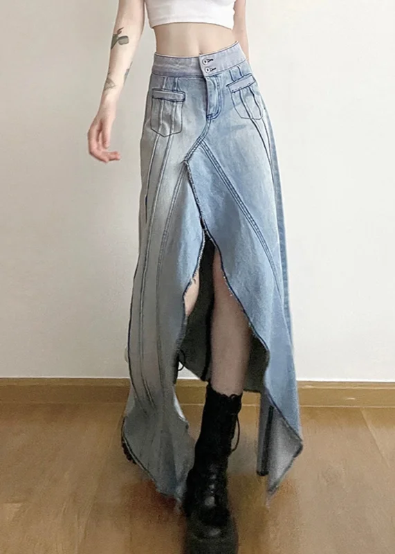 Modern Denim Blue Asymmetrical Ruffled Patchwork High Waist A Line Skirt Spring linen skirt light