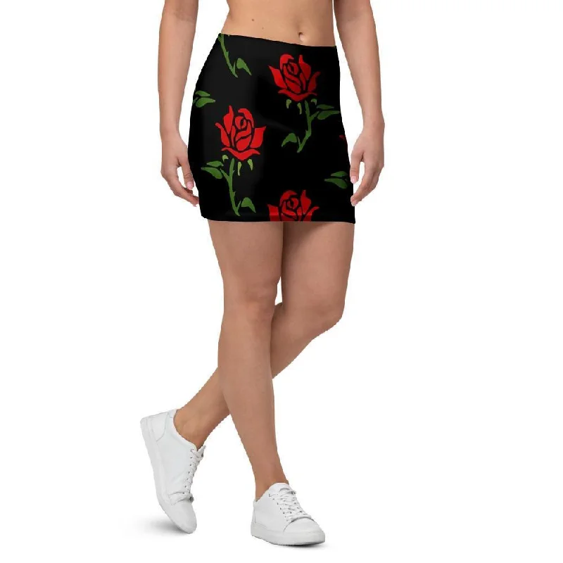 Red Doodle Rose Floral Mini Skirt denim skirt classic