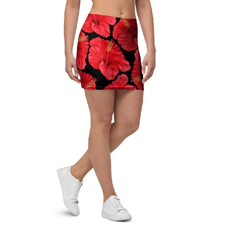 Red Hibiscus Flower Hawaiian Print Mini Skirt velvet skirt glossy