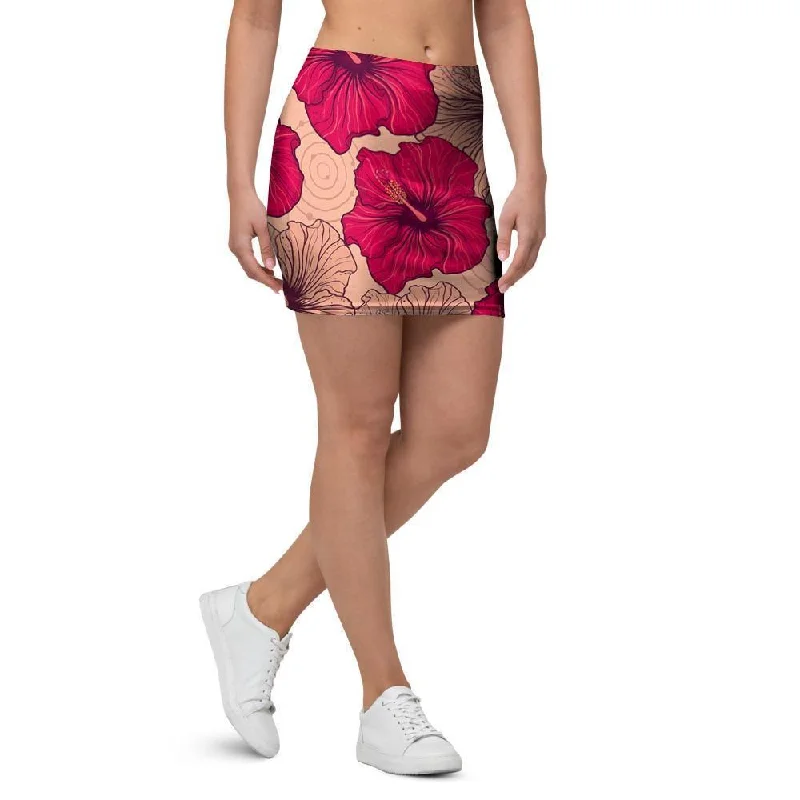 Red Hibiscus Flower Print Mini Skirt satin skirt smooth