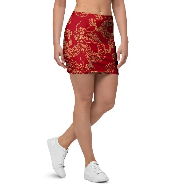 Red Oriental Chinese Dragon Mini Skirt corduroy skirt textured