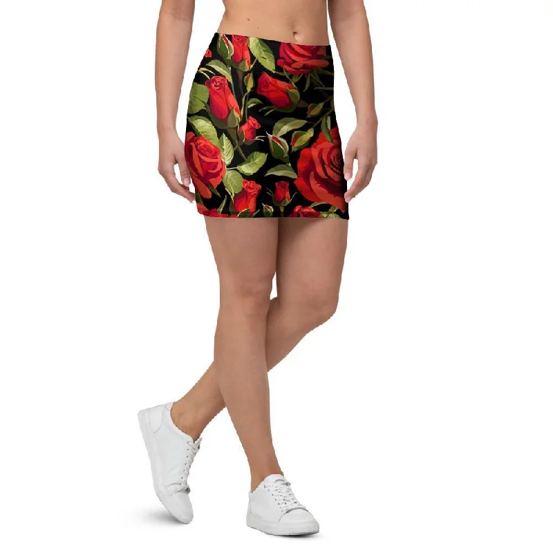 Red Rose Floral Mini Skirt leather skirt durable