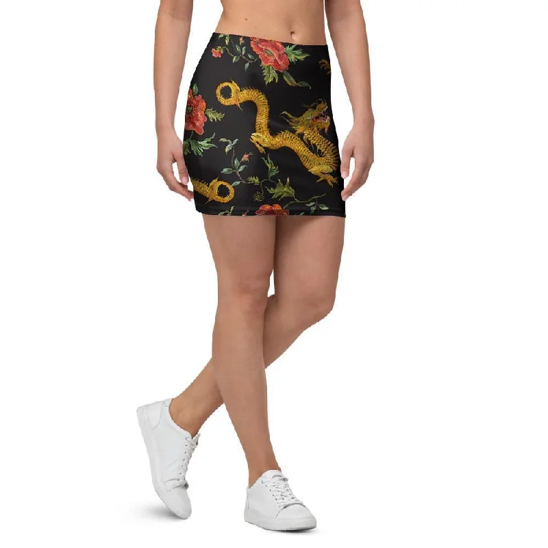 Rose Floral Golden Dragon Print Mini Skirt velvet skirt plush