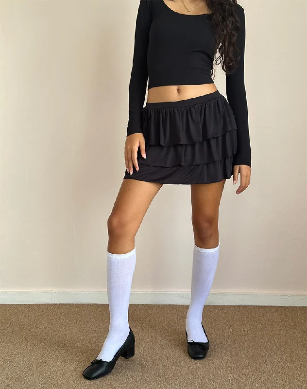 Sefone Tiered Mini Skirt in Slinky Black chiffon skirt floaty