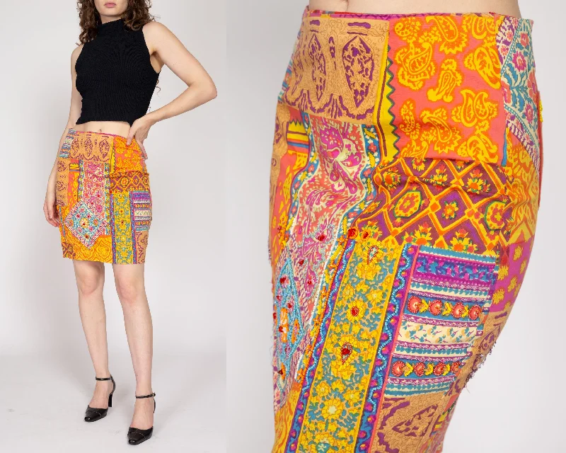 Small 90s Baroque Patchwork Print Beaded Mini Skirt leather skirt sleek