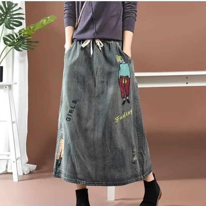 Streetstyle Cartoon Embroidered Denim Skirt velvet skirt rich