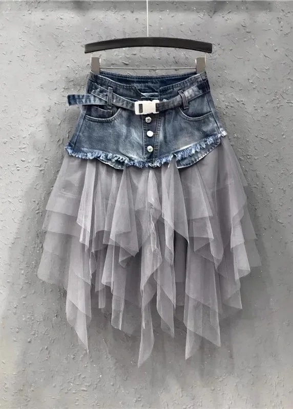 Style Blue Asymmetrical Tulle Patchwork Denim Skirts Summer lace skirt intricate