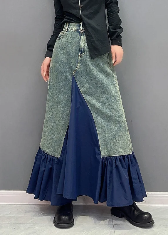 Style Blue Ruffled Pockets Patchwork Slim Fit Denim Skirt Fall corduroy skirt comfortable