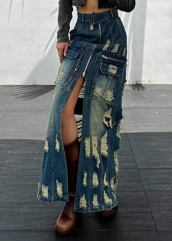 Stylish Blue Zip Up Patchwork Ripped Denim Skirts Spring cashmere skirt rich