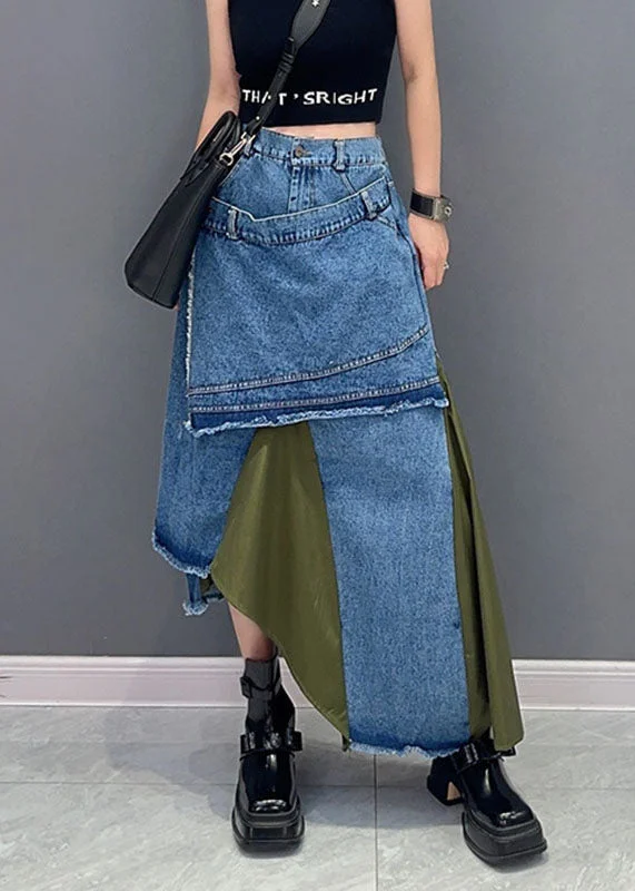 Stylish Green Patchwork High Waist Asymmetrical Denim Skirts Fall button skirt front